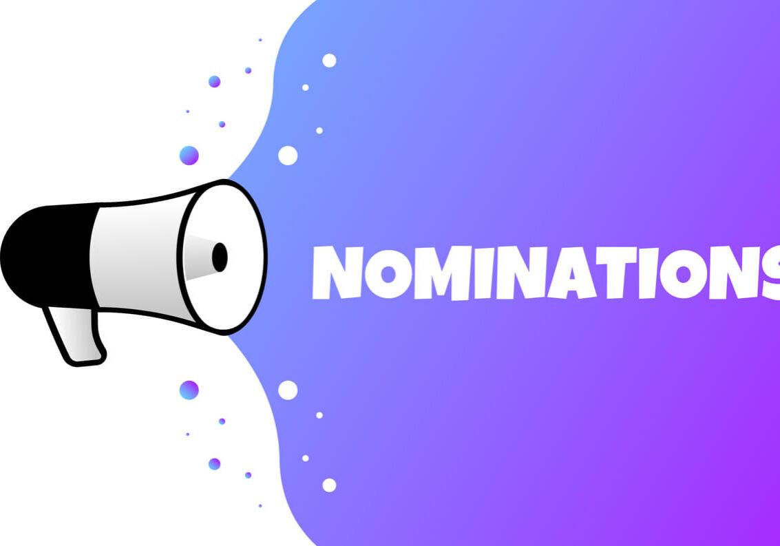 Nominations sign. Flat, purple, text from a megaphone, nomations sign. Vector icon